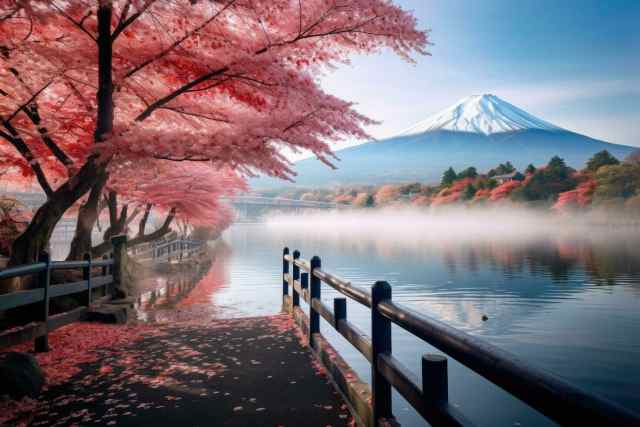 Mount Fuji rising above Lake Kawaguchiko during cherry blossom season