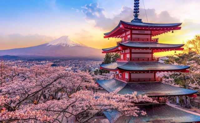 Chureito Pagoda at Arakurayama Sengen Park with Mount Fuji in the background on a Mount Fuji tour from Tokyo