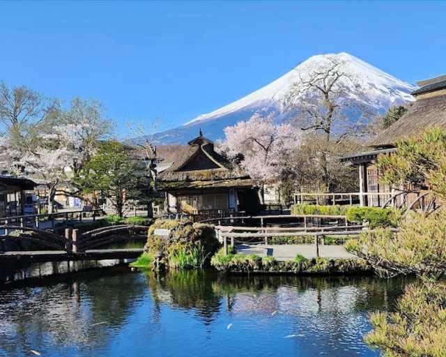 Oshino Hakkai village with crystal-clear spring ponds fed by Mount Fuji snowmelt